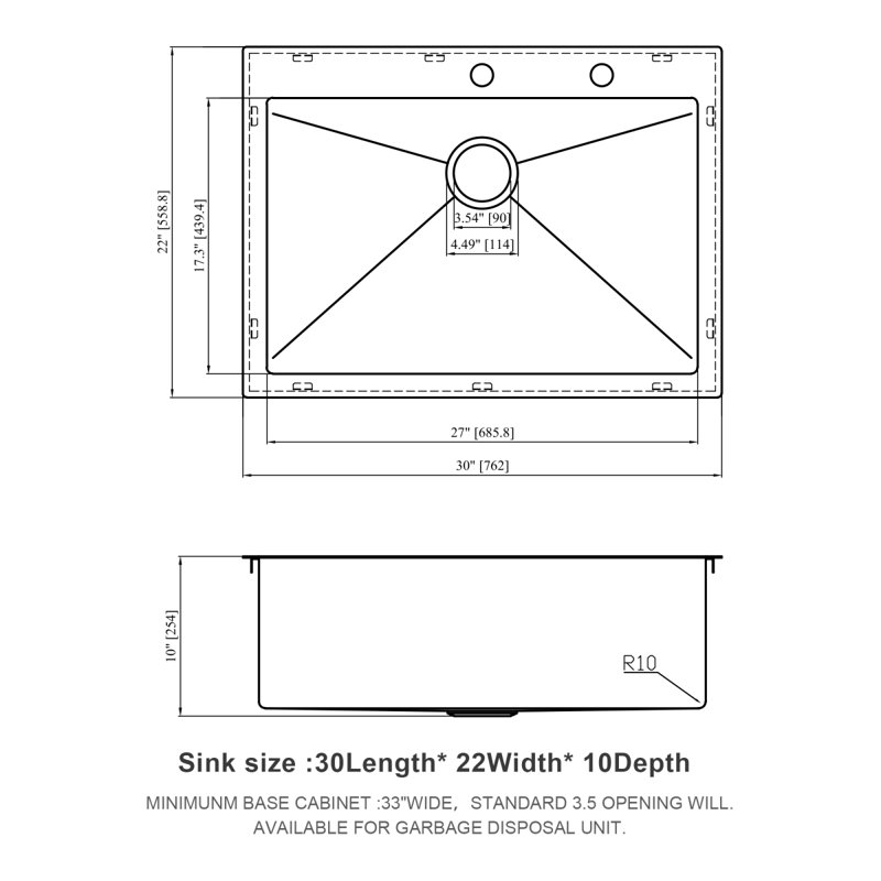 30X22 Inch Kitchen Sink Drop-In 16 Gauge Stainless Steel Single Bowl Topmount Kitchen Sink