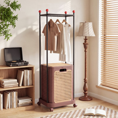 Rattan Style Laundry Hamper with Clothes Rack, Rolling Laundry Basket with Lid & 4 Wheels, Foldable Hamper Organizer with Locking Casters, Laundry Sorter for Bedroom, Bathroom, Closet