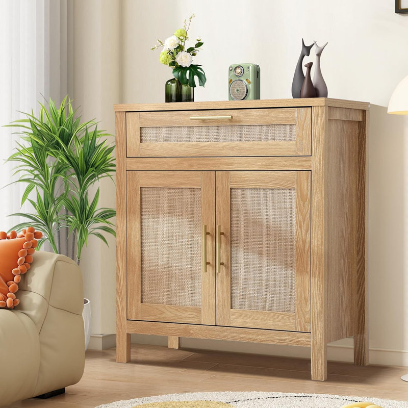Light Brown Wood and Rattan Cabinet with Adjustable Shelf