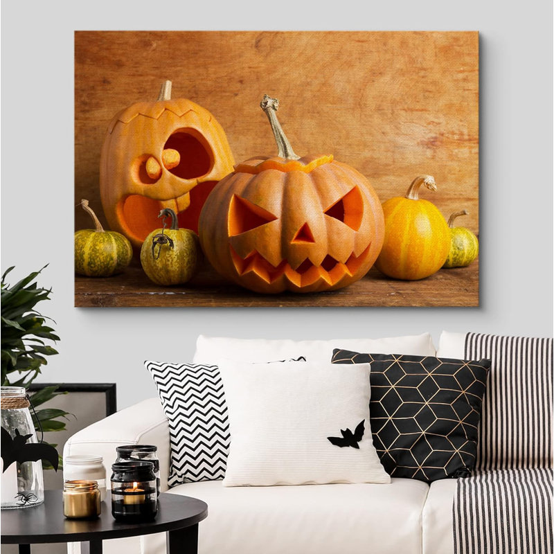Visage effrayant, citrouilles d'automne, Halloween, Moody, foncé, illustrations, œuvre d'art moderne, Toile tendue