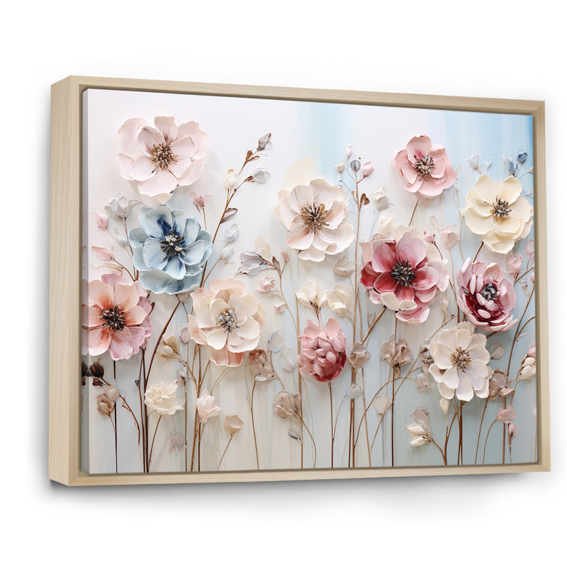 Art floral mural blanc et rose pour salon, H 30 po x l 40 po x P 1,5 po, Cadre flottant brun