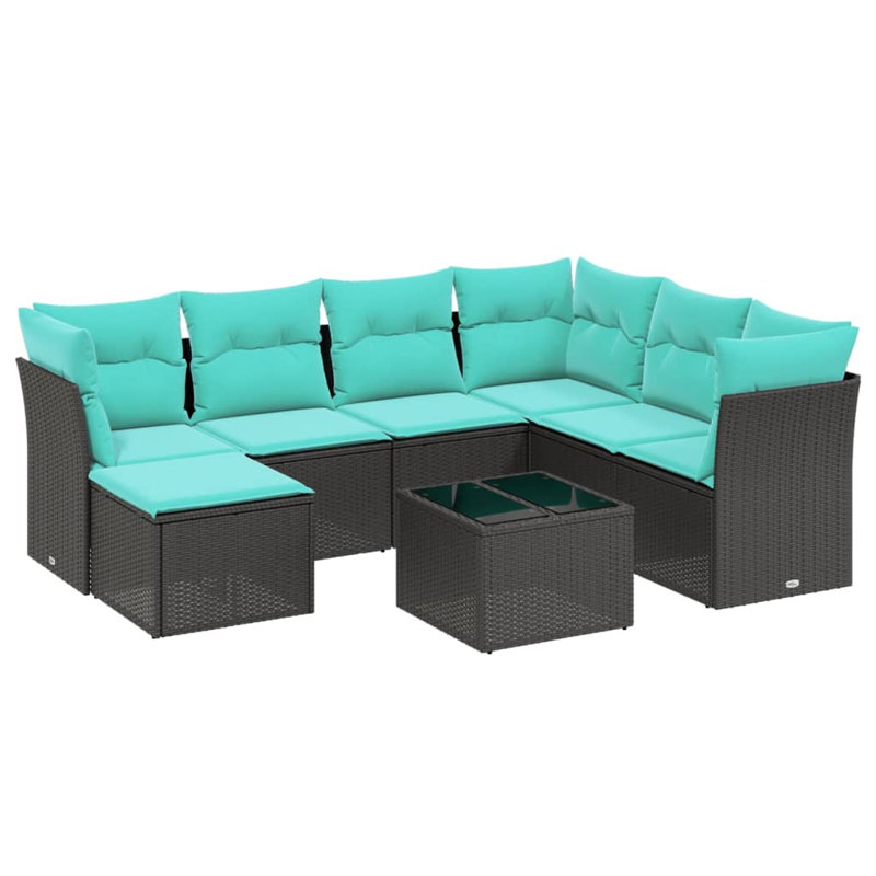 Ensemble de canapé de patio 8 pièces avec coussins en rotin de polyester, Bleu clair, Noir