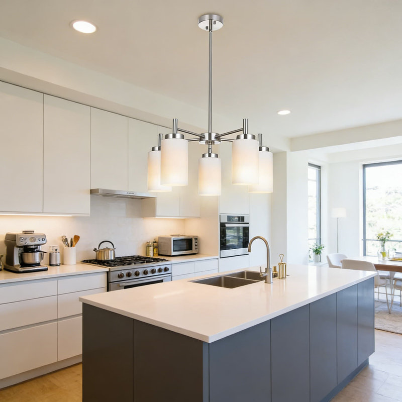 Lustre moderne à 5 lumières avec abat-jour en verre blanc opale, luminaire suspendu réglable pour îlot de cuisine, salle à manger et décor de maison de campagne