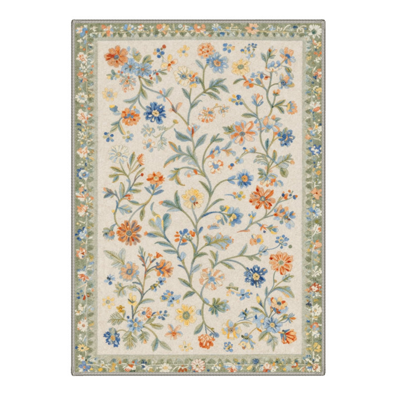 Verona Floral Machine Washable Green / Beige Indoor Area Rug with Non-Slip Backing, Rectangle 6' x 9'