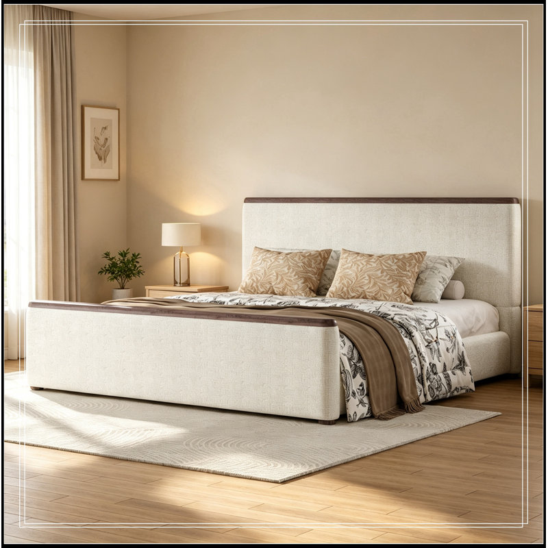 Très grand lit plateforme tapissier Geib avec décoration en bois, Blanc