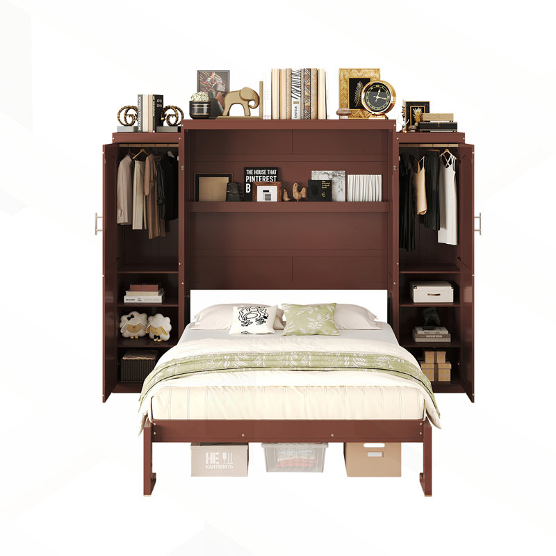 Lit escamotable avec structure en bois massif, armoire escamotable avec 2 armoires et tablettes de rangement, Grand lit