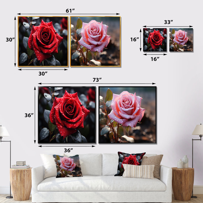 Pêches roses, corail, sérénade et noir - ensemble de 2 collages floraux carrés, Cadre flottant noir, H 16 po x l 33 po