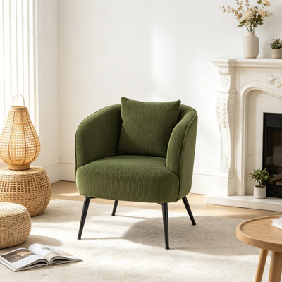 Fauteuil demi-tonneau en velours rose clair avec coussin assorti, fauteuil capitonné moderne avec pieds en métal et fauteuil d'appoint confortable pour meuble-lavabo de chambre à coucher - boîte simple