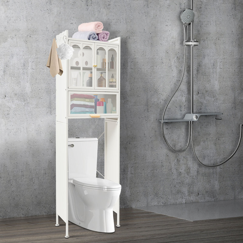 Bathroom Shelf Over Toilet Bathroom Storage Cabinet Toilet Storage Cabinet With Hooks, Adjustable Foot Pads, White