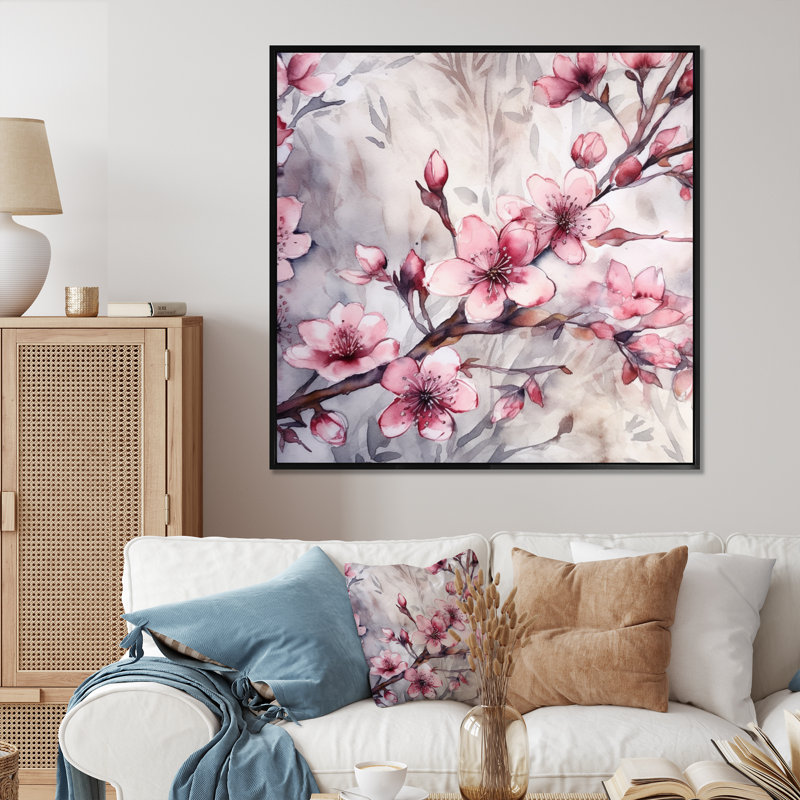 «Romanson Pink Blooming Cherry Blossom I», reproduction sur toile, Cadre photo noir, H 16 po x l 16 po x P 1 po