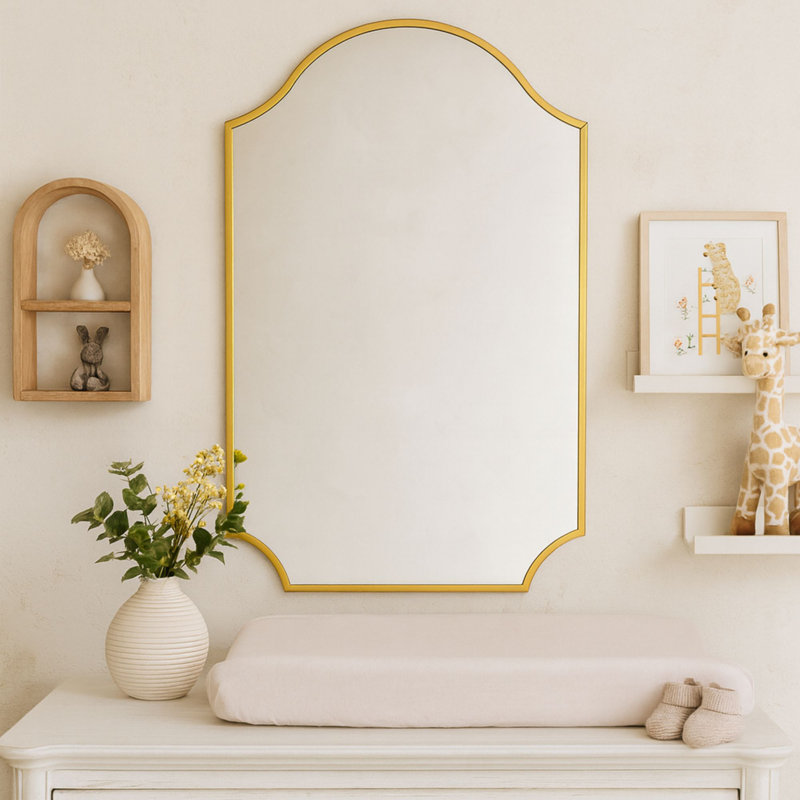  Airius Brushed Gold Scalloped Mirror 36x24, Arched Stainless Steel Wall Mirror with Electroplated Finish, Vintage Modern Decorative Mirror for Bathroom Vanity, Living Room, Hallway