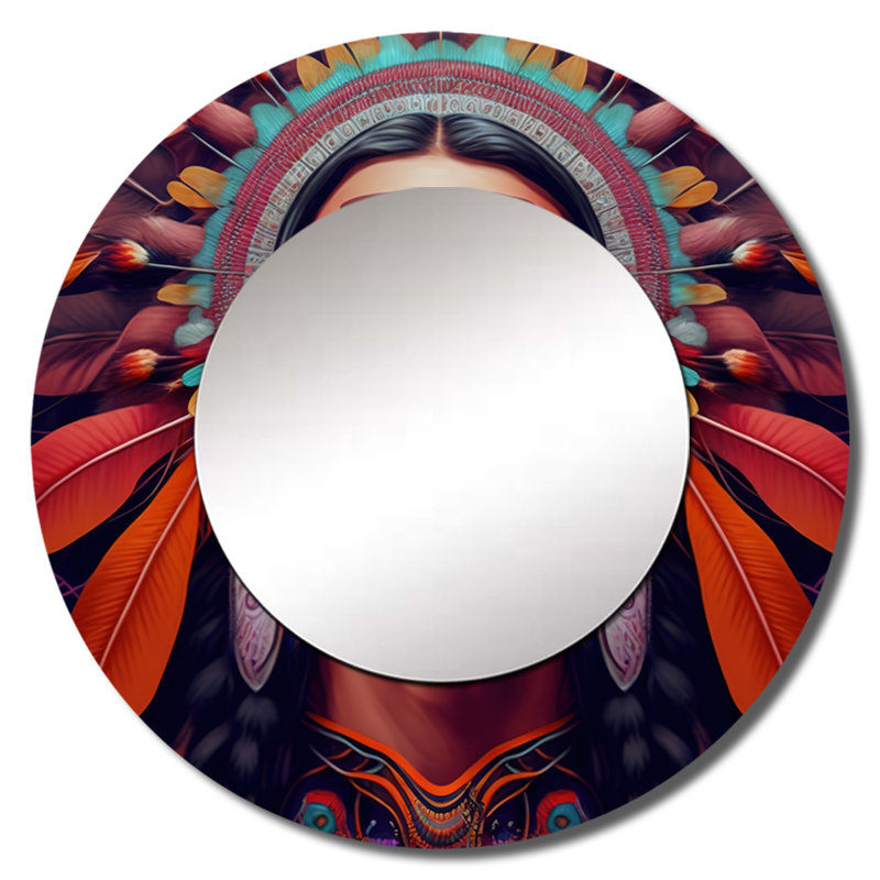 Purviance Colorful Native American Man II - Woman Large Mirror, Modern Round Unique Wall Mirror Decor, Printed Metal Art