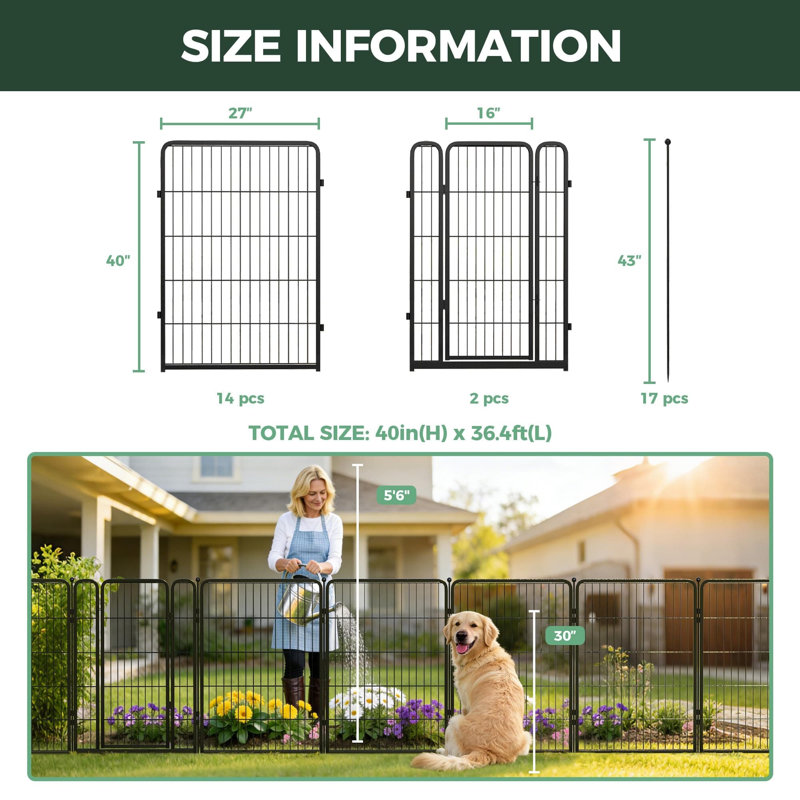 Clôture de jardin d'extérieur pour la cour FXW - H 40 po x L 36,4 pi (L), barrière en métal robuste pour chien, clôture décorative sans creusage pour chien, 16 panneaux, noir