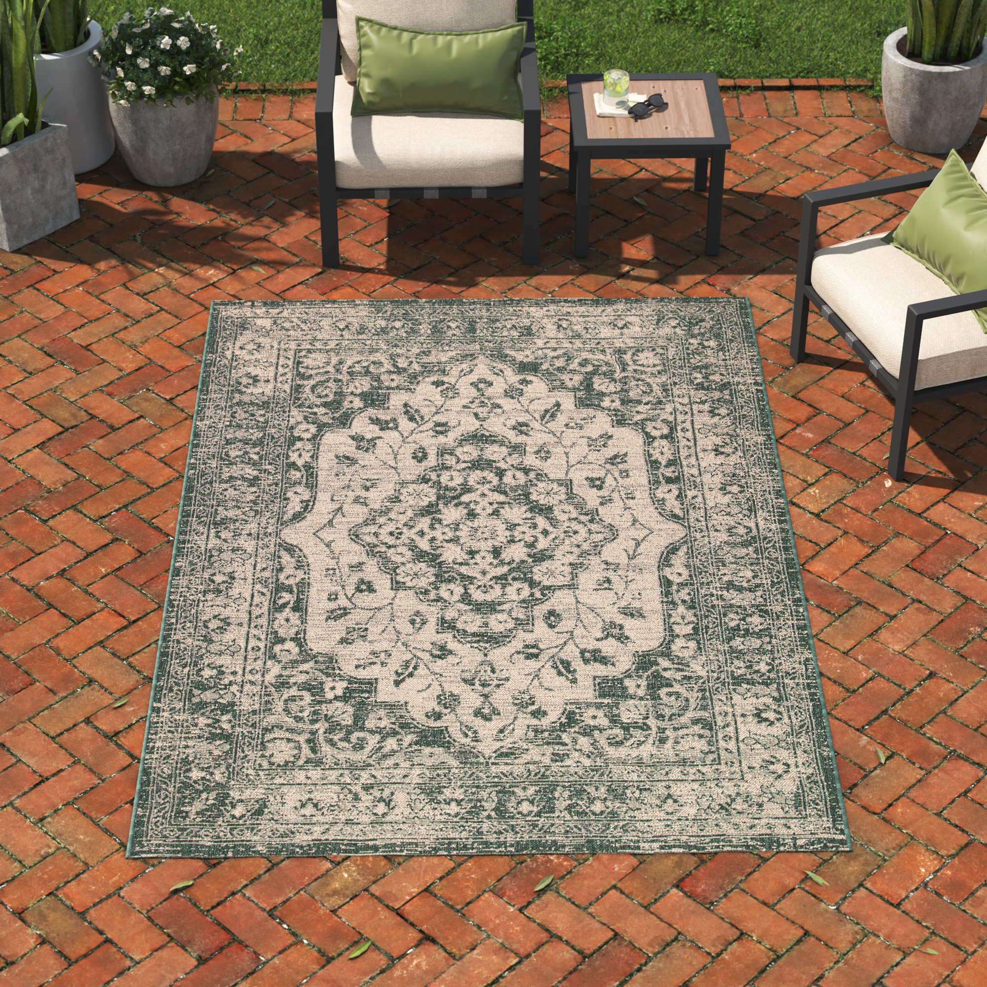 Andover Mills™ Flynt Oriental Beige/Dark Green Indoor / Outdoor Area ...
