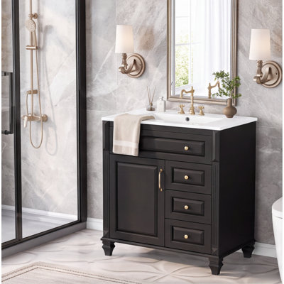 Meuble-lavabo autoportant noir de 30 pouces avec lavabo en céramique, armoire en bois massif et panneau de fibres à densité moyenne, tiroir rabattable, 3 tiroirs et armoire de rangement
