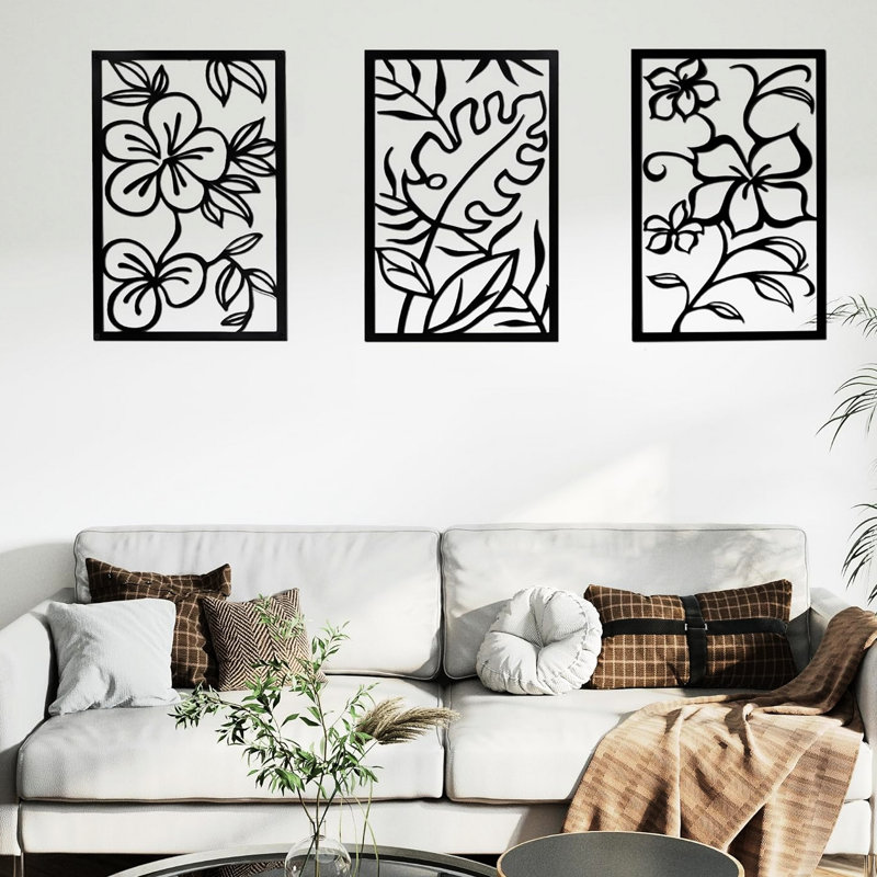 Ensemble de 3 décorations murales, motif floral abstrait, cadre métallique noir