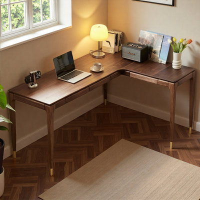 Bureau d'écriture simple en bois de noyer massif en forme de L