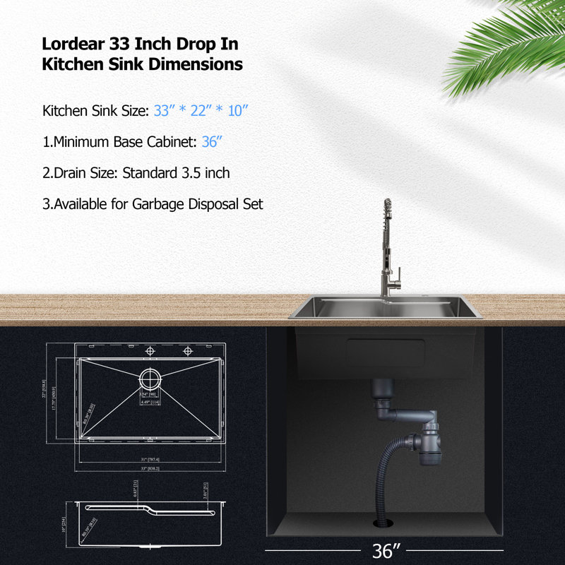 33'' L Drop In Z Shape Ledge Workstation Sink Single Bowl Stainless Steel Kitchen Sink
