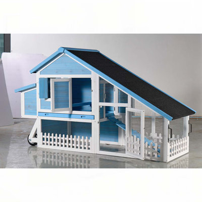 76" Wooden Rabbit Hutch Bunny Cage with Waterproof Asphalt Roof, Fun Outdoor Run, Removable Tray and Ramp, Light Blue