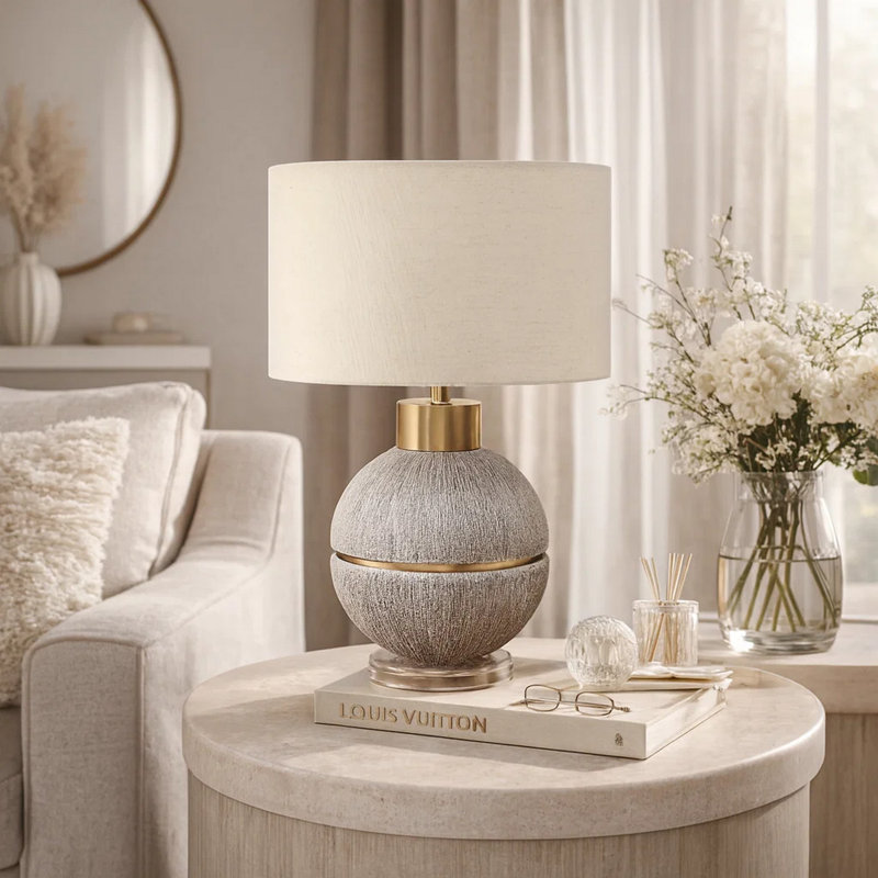 Lampe de table Phoebe, résine globe doré et brun, abat-jour en lin beige, Brun, 26" H x 16" W x 16" D