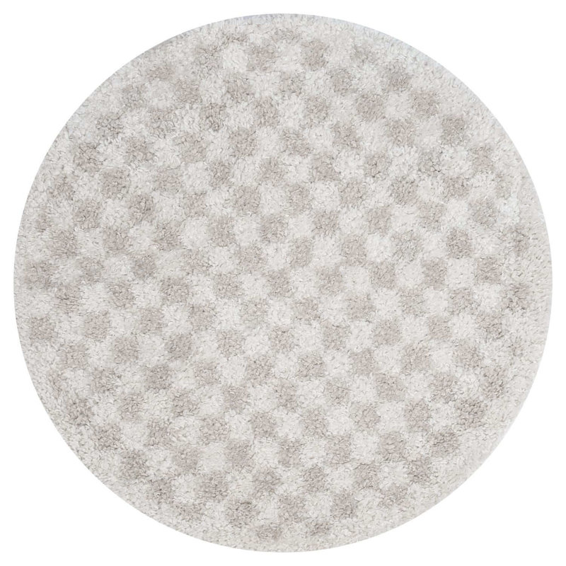 Moodi Modern Shaggy Area Rug Checkered Design, Round 120 cm, Off-White Cream/Light Beige