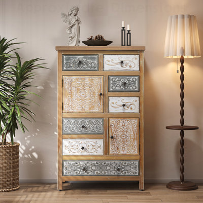 Vintage Tall Wooden Accent Cabinet with 7 Drawers & 2 Doors