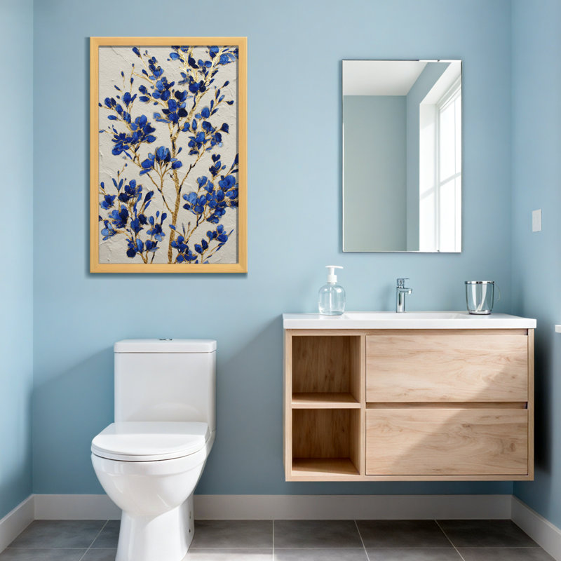 Plants &Flowers Blue Flowers With Gold Branches On White Background, Wrapped Canvas, Does Not Apply, 24" H x 16" W