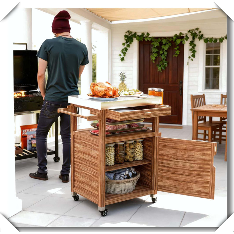 Solid Wood Outdoor Grill Cart With Storage And Wheels, Brown