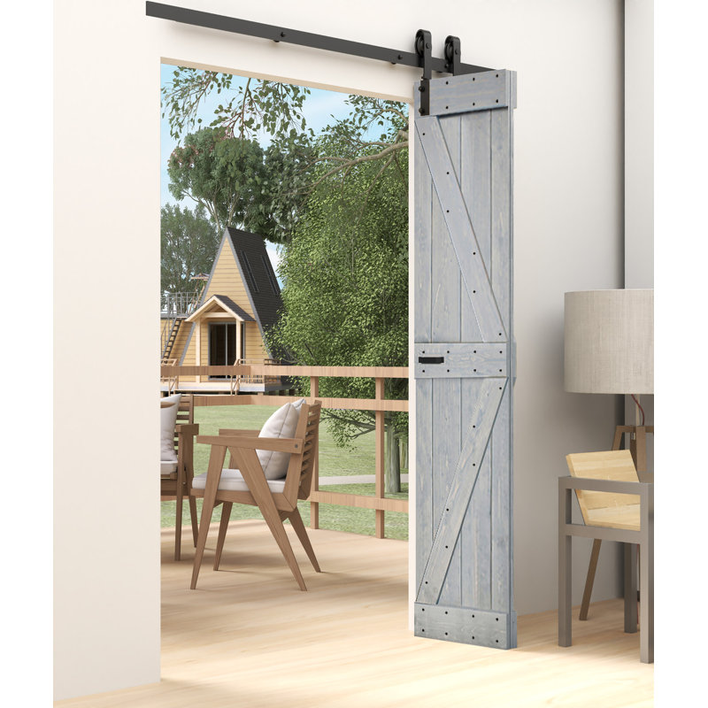 Porte de grange pliante en bois massif de style K avec trousse de quincaillerie - assemblage requis, Gris français