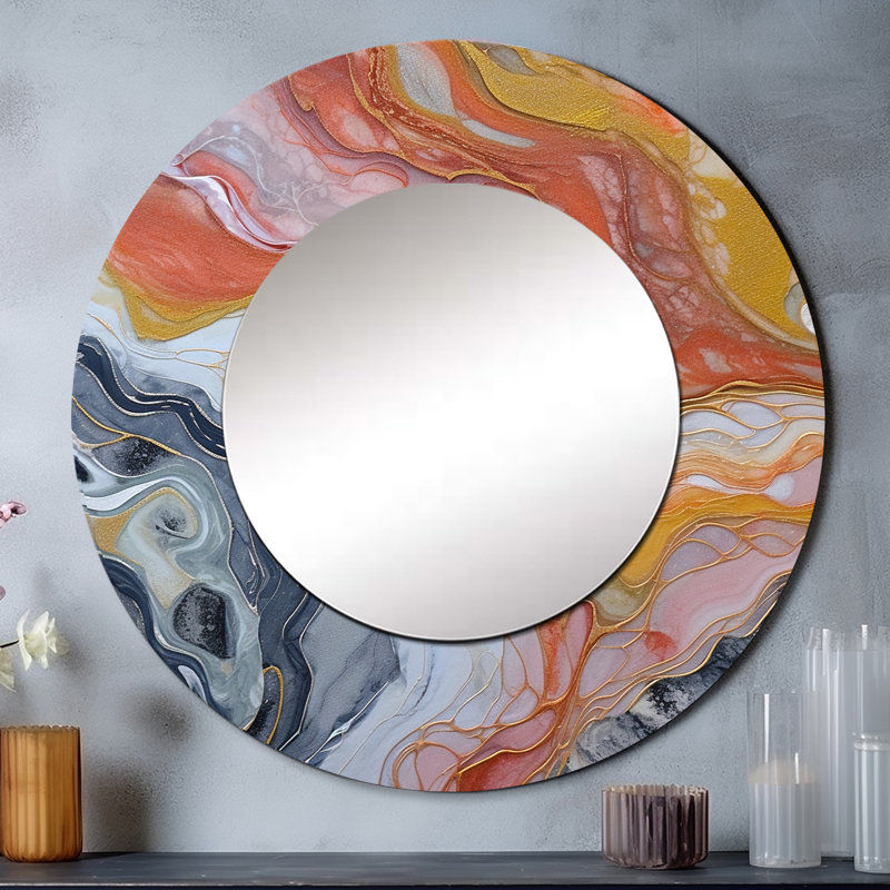 Symphonie aquatique pêche orange - miroir décoratif abstrait, miroir mural rond moderne, impression d'art en métal