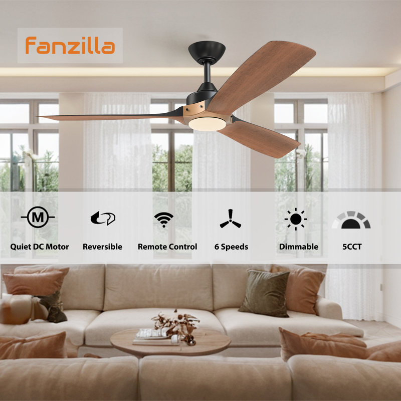 Matte Black and Distressed Koa 52" Ceiling Fan with LED Light and Remote