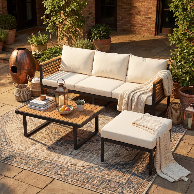Ensemble de canapé d'extérieur en bois d'acacia et en métal 3 pièces avec coussins, repose-pieds et table basse