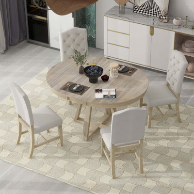 5-Piece Retro Functional Dining Set, Round Table With A 16""W Leaf And 4 Upholstered Chairs For Dining Room And Living Room -  Gracie Oaks, 578B7B241E1B4005BACBB048549DC34C
