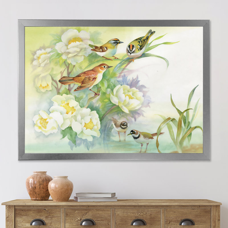 Fleurs et oiseaux dans un paysage rustique - Peinture sur toile encadrée, H 12 po x l 20 po x p 1 po, Encadrement argenté