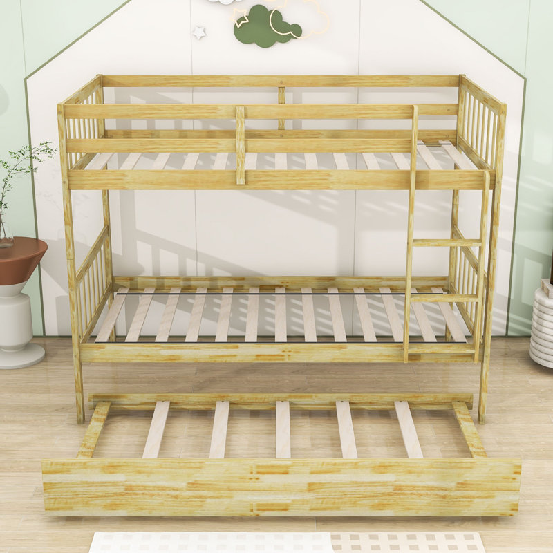 Keyen Convertible Twin Over Twin Wood Bunk Bed With Twin Trundle, Natural