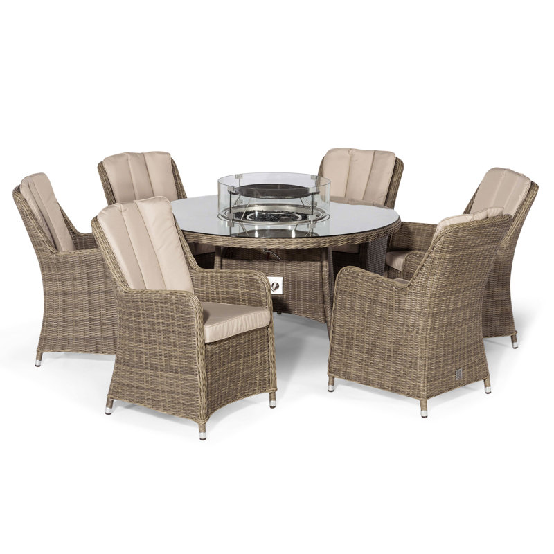 Balch 6 Seat Round Rattan Fire Pit Dining Set - with Lazy Susan