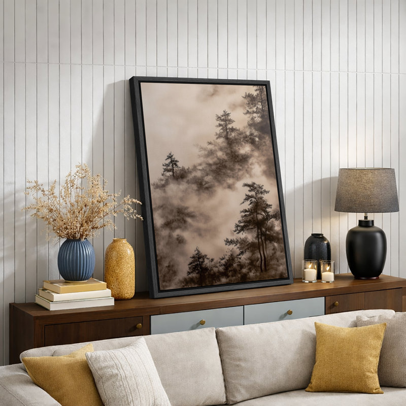 Illustration de forêt de pin brumeux sépia, photos de chambre Moody, impression sur toile encadrée, impression numérique