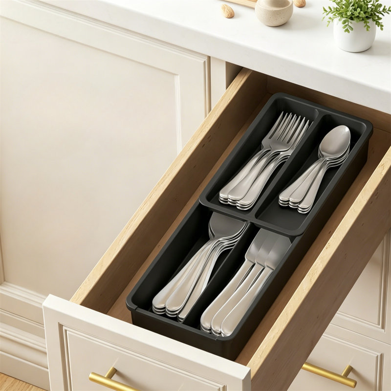 Compact Silverware Organizer for Kitchen Drawer Narrow Flatware Tray Plastic Black