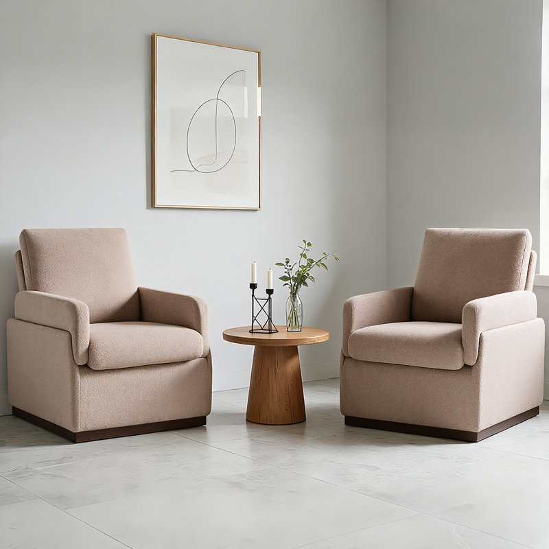 Boucle  Upholstered Accent Chair Wing Back Armchair With Solid Wood Base, Coffee