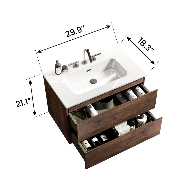 Meuble-lavabo de salle de bain 30 po en noyer - lavabo en céramique, rangement intérieur abondant, armoire à tiroirs silencieux avec évier, compartiment de rangement intérieur généreux, tiroirs, contemporain