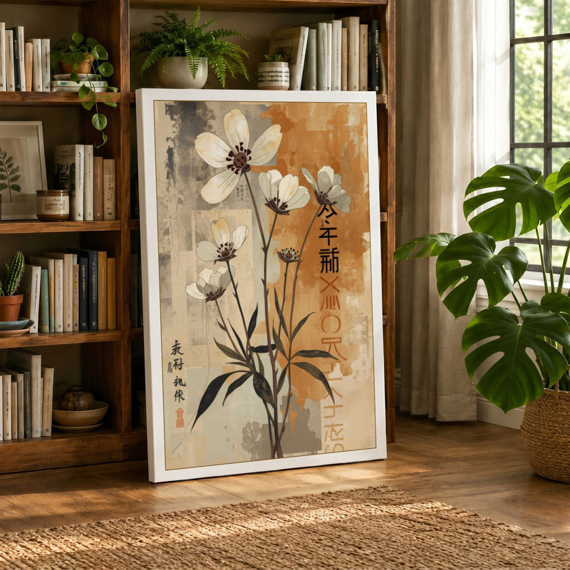 Moonlit Flowers Japandi - Wrapped Canvas, 36x24 - 91.4 x 61.0 cm, Teal Border