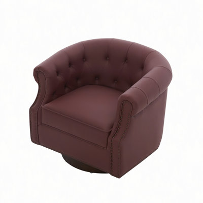 360°Swivel Accent Chair PU Leather Upholstered Armchair Curved Back Club Chair Swivel Barrel Chair with Tufted Design  and Bent Wood Base for Living Room and Bedroom
