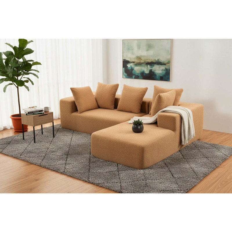 Canapé modulaire à compression complète en mousse, cinq grands coussins moelleux, tissu en flanelle brune, conception en forme de L, taille 96,46 po x 72,83 po x 23,03 po