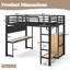 Lit mezzanine double avec bureau et tablettes de rangement, lits mezzanine en métal avec ports USB et lumières, cadre de lit tout-en-un compact pour chambre à coucher, dortoir et petits espaces, noir.-129021104