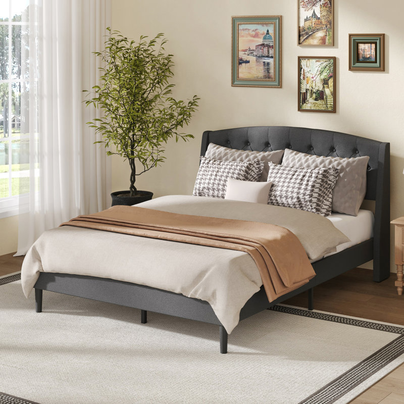 Upholstered Platform Bed With Wingback Headboard，Wood & Metal Frame, Underbed Storage, Gray, Full