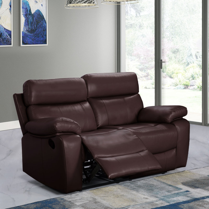 Causeuse inclinable en cuir véritable avec accoudoirs coussinés 64 po Mose, Cuir fleur brun café