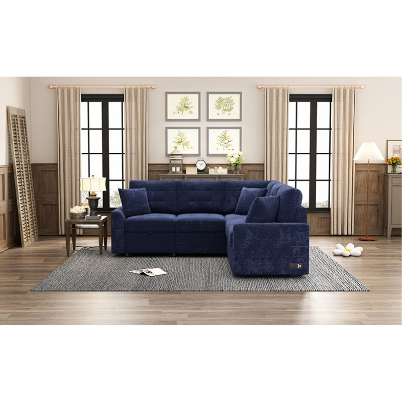 Canapé-lit escamotable en forme de L 82,6 po avec roulettes, ports USB, prises de courant pour salon, bleu marine