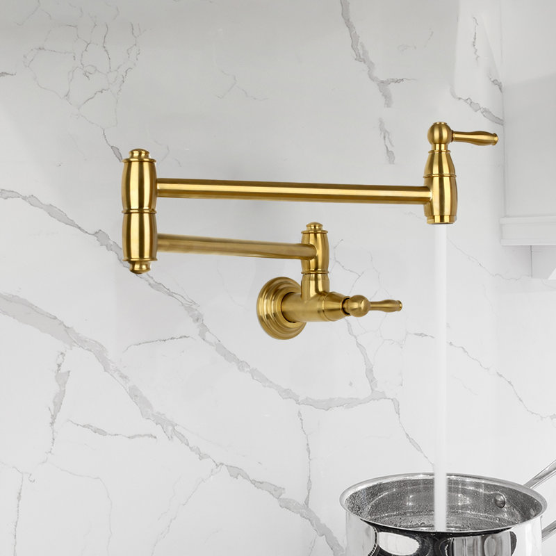 Wall Mount Brass Pot Filler with 2 Handles, Brushed Gold