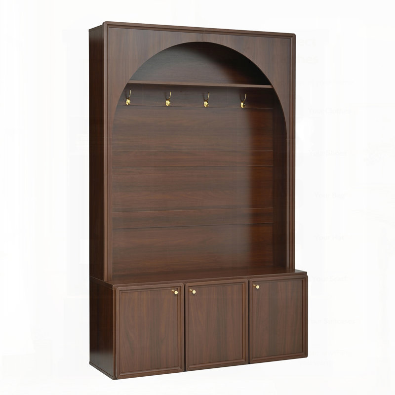 ON-TREND Farmhouse All-In-One Hall Tree With Adjustable Shelves, Retro Arched Entryway Storage Bench, And 3 Cabinets, Walnut