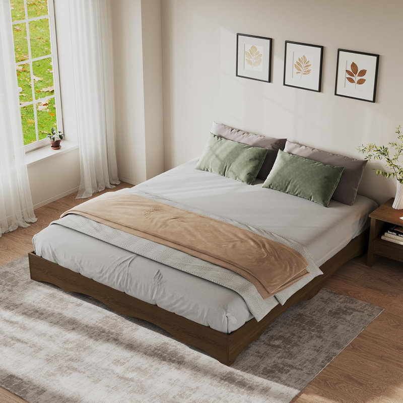 Bed Frame, Wood Platform Bed with Wave Design, Low Bed Frame Without Headboard, Minimalist Bed Base with Noise-Free, Easy Assembly, No Box Spring Needed